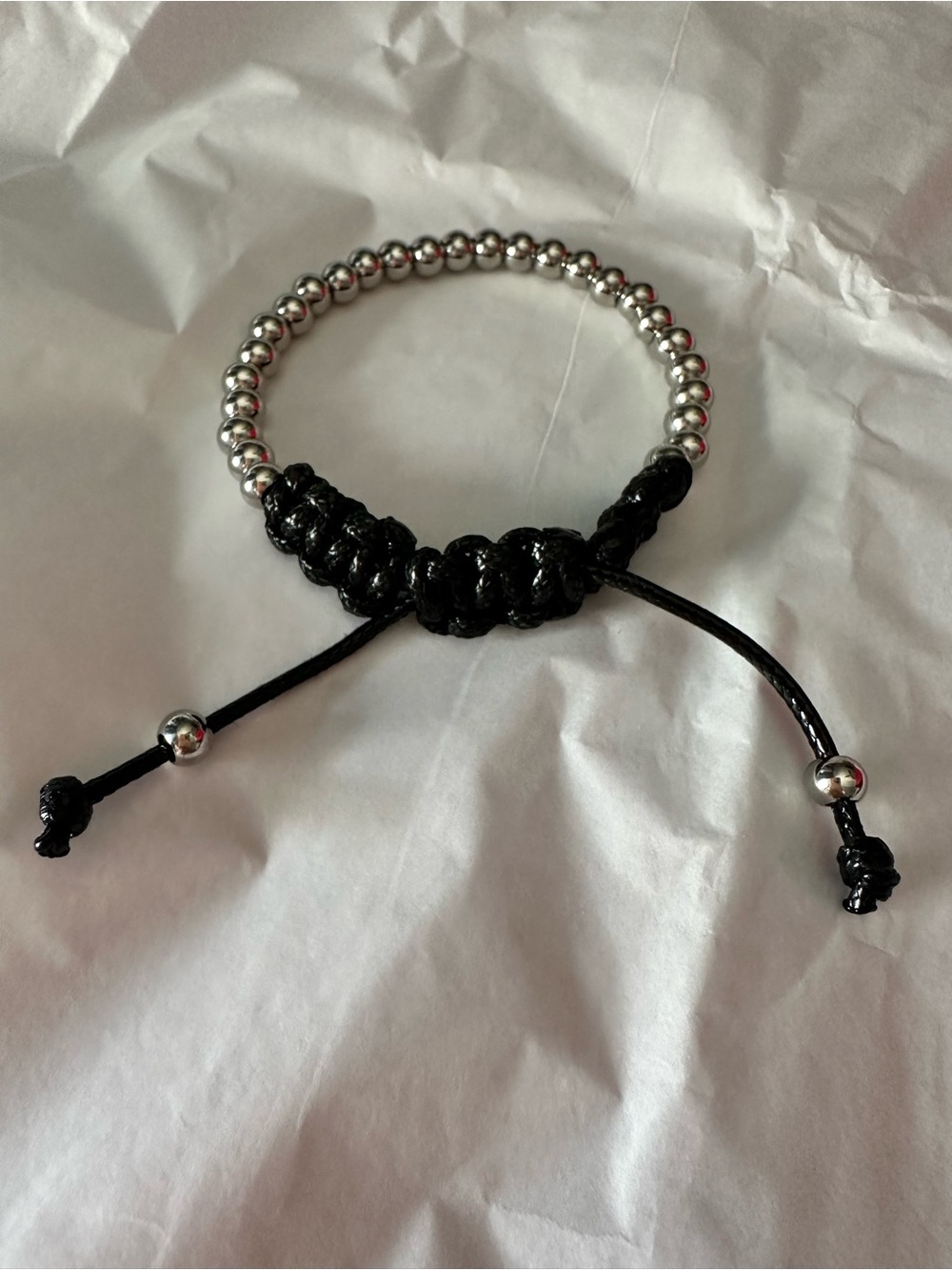 Men's Black Cord Bracelet with Silver Beads — Adjustable Casual Bracelet